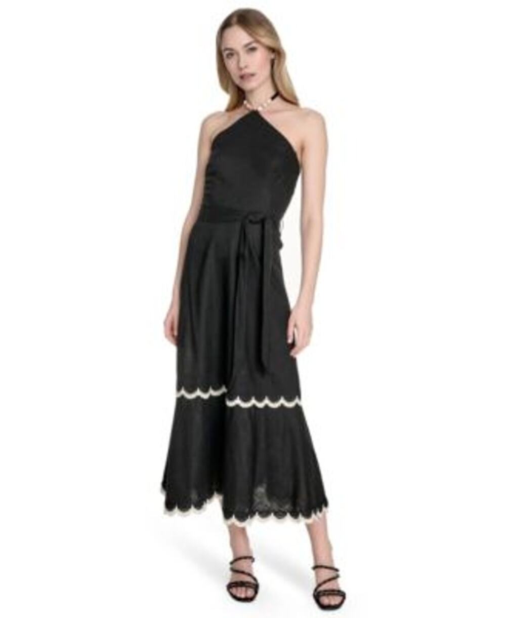 Eliza J Women's Beaded-Strap Midi Dress in Black w/ White Contrast Trim